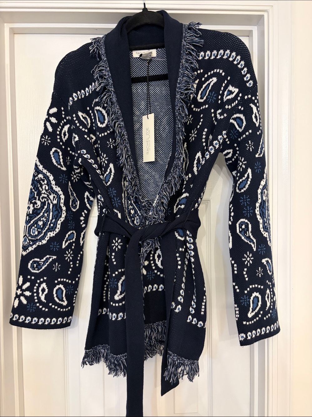 Fringe Trim Navy Paisley Knit Wrap Cardigan